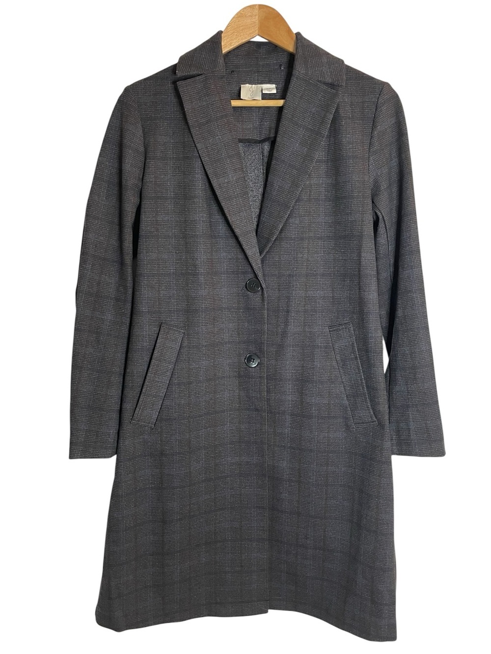 Joie Gray Plaid Long Single-Breasted Trench Coat Notched Lapel Size XS
